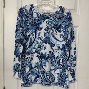 Soft Surroundings Waffle Knit Cotton Blue & White Floral Top Sz s